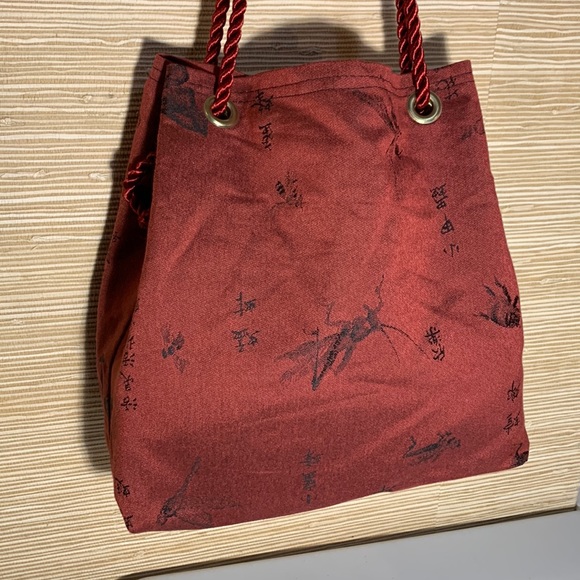Deep Red Chinese Character Grasshopper Bag with Silk Cording Handles - Picture 1 of 8